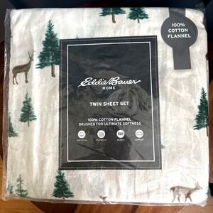 Eddie Bauer Deer Hollow Twin Flannel Sheet Set NIP 100% Cotton Deer Trees New